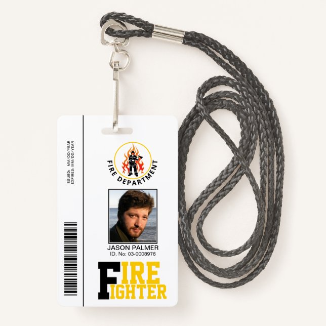 Fire fighter/fireman photo id template yellow ID badge (Front with Lanyard)