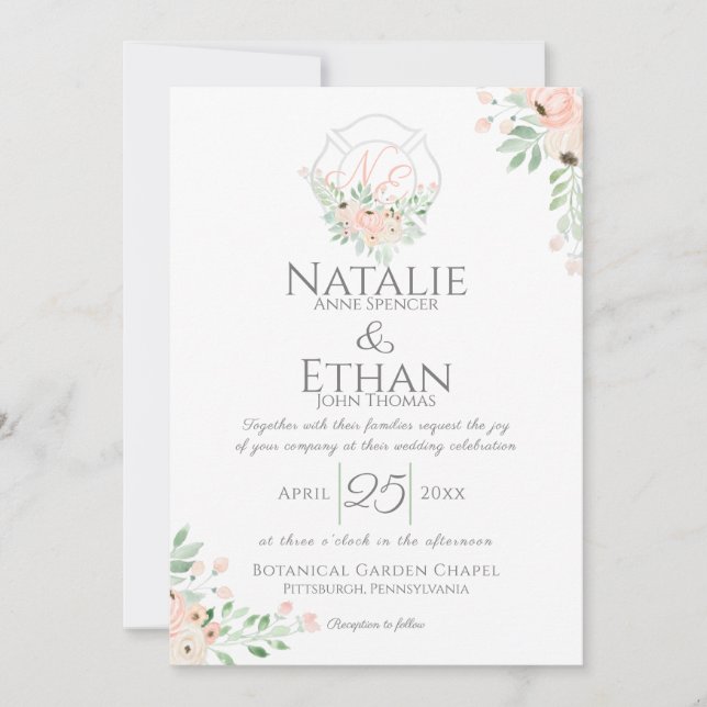 Fire Fighter Floral Monogram Blush Invitation (Front)