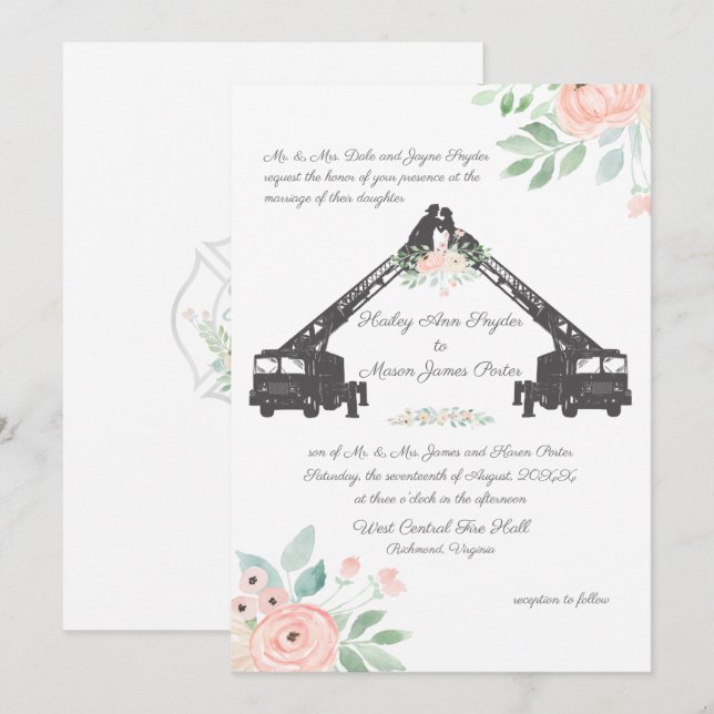 Fire Fighter Floral Wedding Invitation (Front/Back)