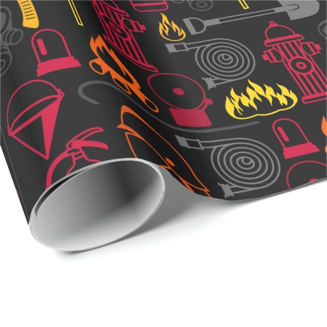 Fire Fighter Icons Pattern Black Wrapping Paper (Roll Corner)