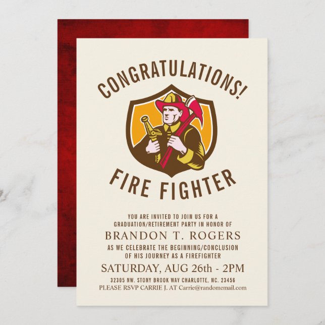 Fire Fighter Retro | Graduation Party Invite (Front/Back)