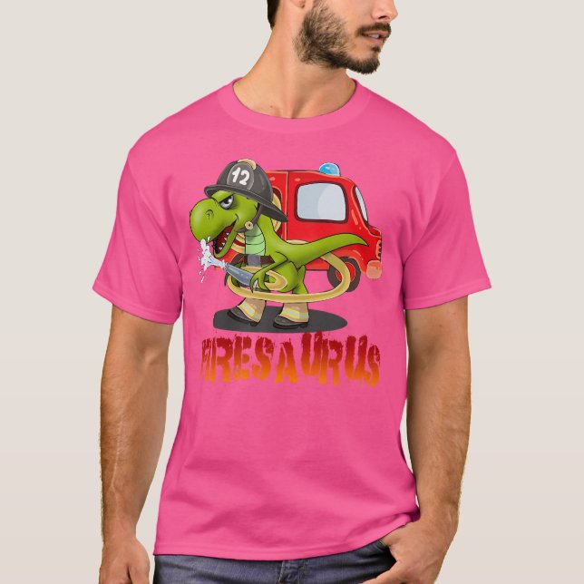 Fire Fighter Saurus Firetruck Fireman Dinosaur T R T-Shirt (Front)
