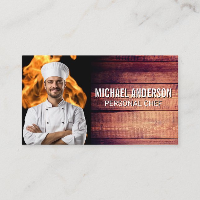 Fire Flame | Smiling Chef | Wood Business Card (Front)