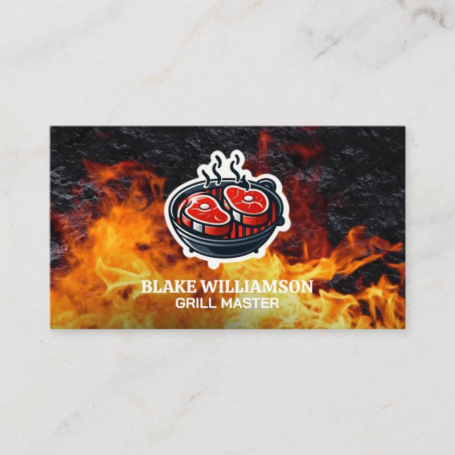 Fire Flame Steaks on Grill Pit Logo Business Card (Front)
