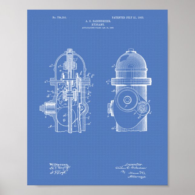 Fire Hydrant 1903 Patent Art - Blueprint Poster (Front)