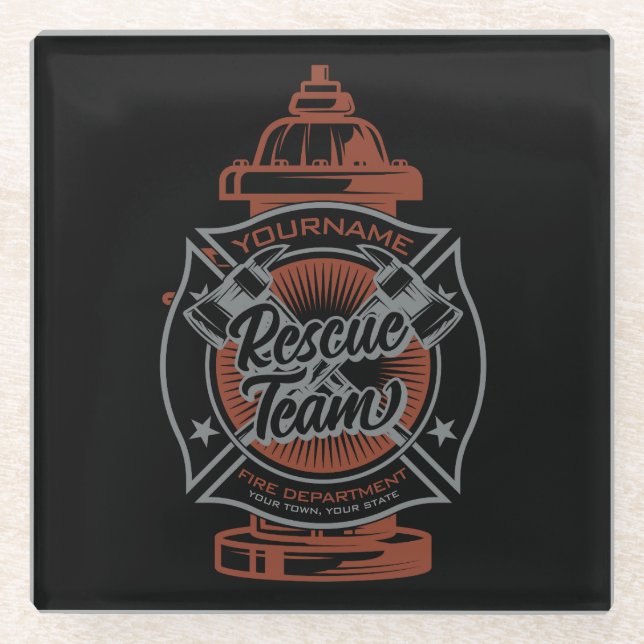 Fire Hydrant ADD NAME Fire Fighter Rescue Team Glass Coaster (Front)