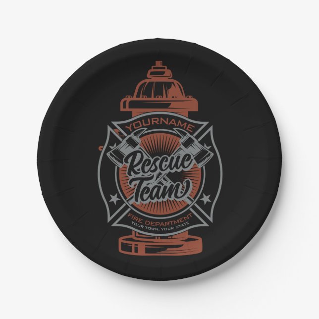 Fire Hydrant ADD NAME Fire Fighter Rescue Team Paper Plate (Front)
