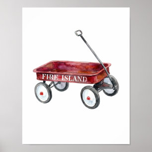 Fire Island Red Wagon Watercolor Beach Vacation Poster