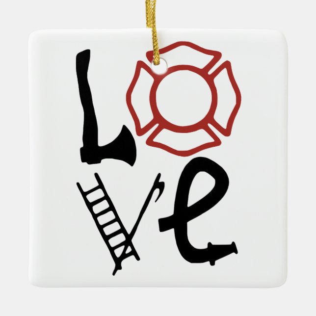 FIRE LOVE with Axe, Maltese Cross, Ladder, Pike Ceramic Ornament (Front)