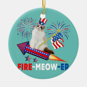 Fire Meow Er Cat Riding Firecracker American Flag Ceramic Tree Decoration