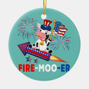 Fire Moo Er Cow Riding Firecracker American Flag Ceramic Tree Decoration