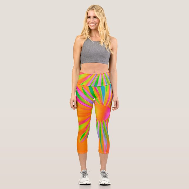 FIRE MULTI COLOR FANTASY FLORAL DESIGN CAPRI LEGGINGS (Front)