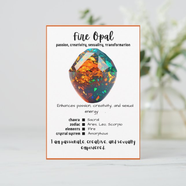 Fire Opal Crystal Meaning Card (Standing Front)