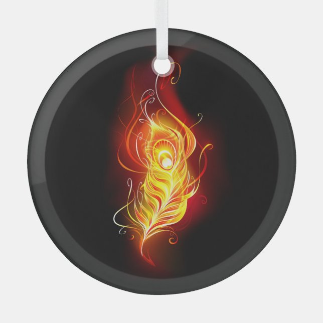Fire Peacock Feather Glass Tree Decoration (Front)