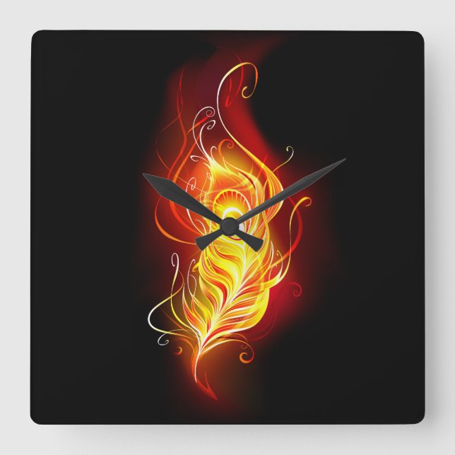 Fire Peacock Feather Square Wall Clock (Front)
