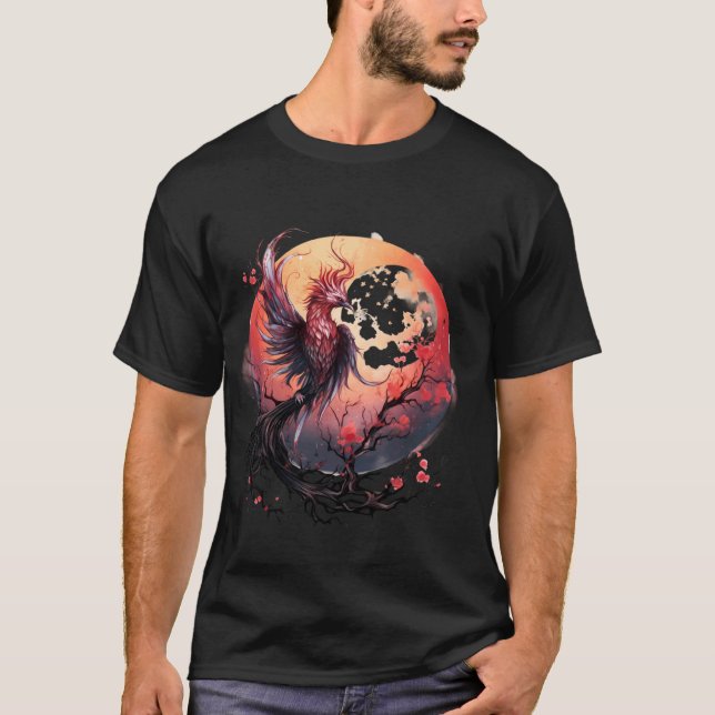 Fire Phoenix Bird Moon Sakura Tree Mythical Bird P T-Shirt (Front)