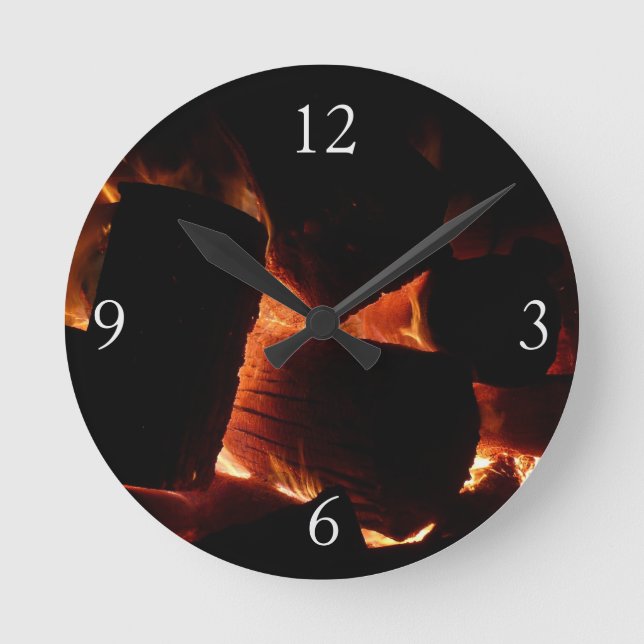 Fire Pit Winter Burning Logs Round Clock (Front)