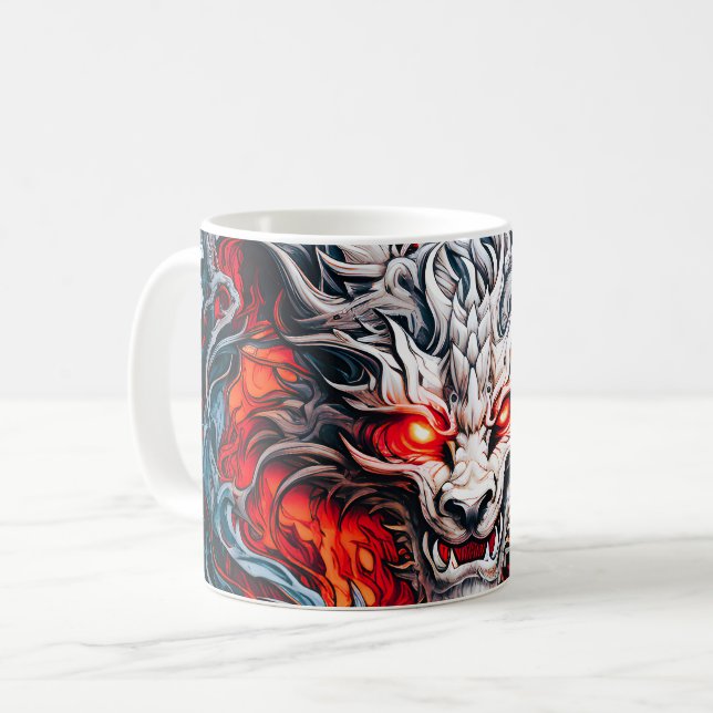 Fire Red Flame Mythical Dragon Head Coffee Mug (Front Left)
