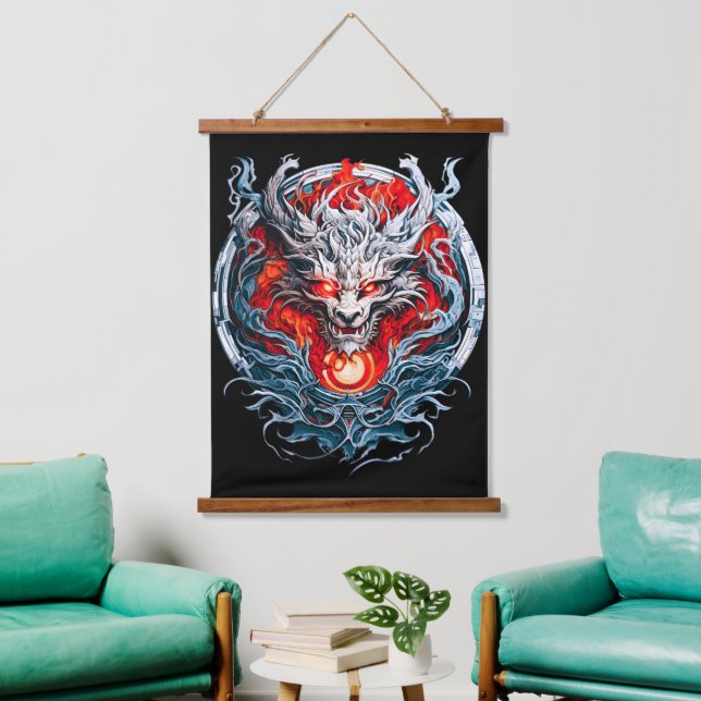 Fire Red Flame Mythical Dragon Head Hanging Tapestry (Living Room)