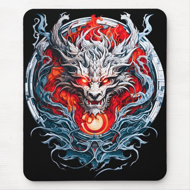 Fire Red Flame Mythical Dragon Head Mouse Mat (Front)