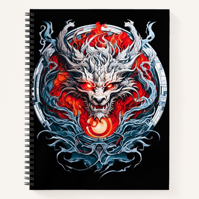 Fire Red Flame Mythical Dragon Head Notebook (Front)