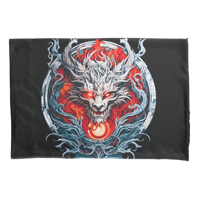 Fire Red Flame Mythical Dragon Head Pillowcase (Front)