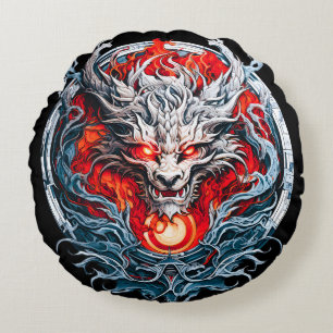 Fire Red Flame Mythical Dragon Head Round Cushion