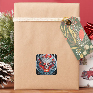 Fire Red Flame Mythical Dragon Head Square Sticker
