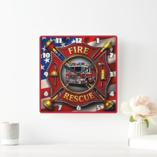 Fire Rescue Heroism American Flag Square Wall Clock