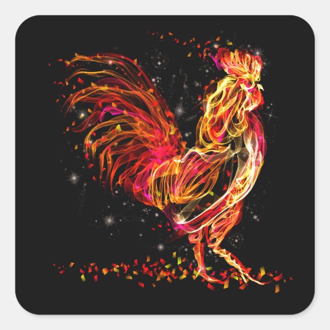 Fire rooster. Flaming animal sparkle cool design Square Sticker (Front)