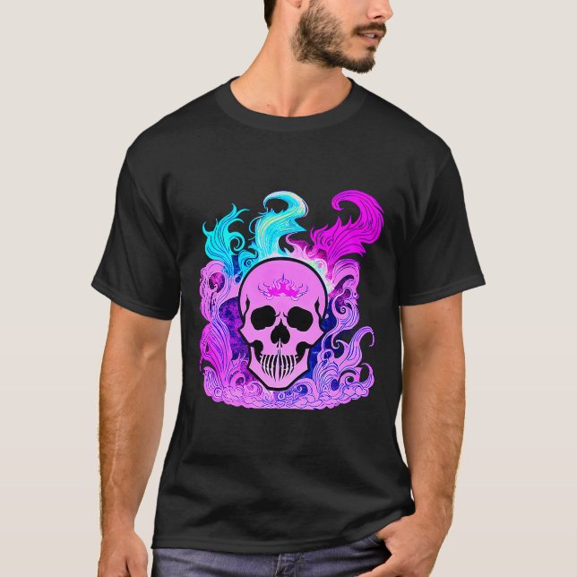 Fire Skull Smoke Pink Skeleton Flames T-Shirt (Front)
