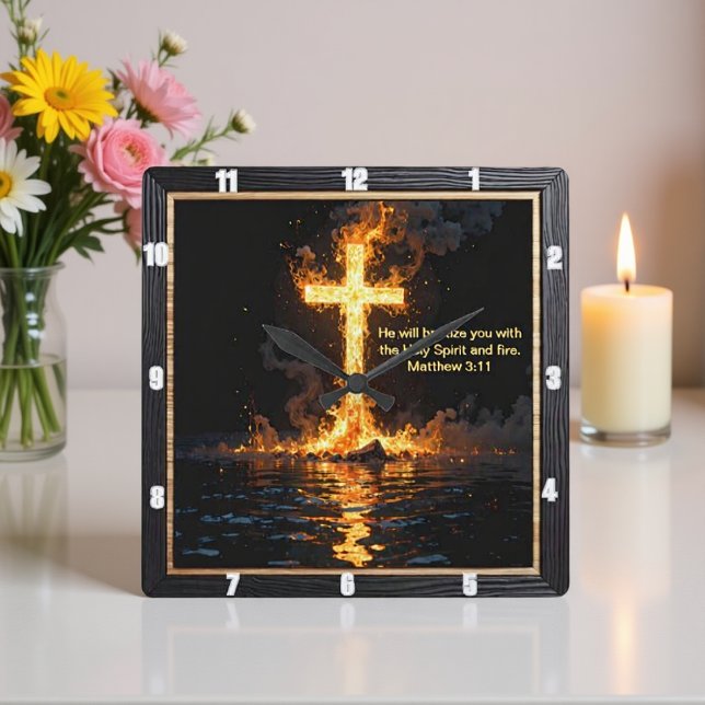 Fire Smoke Cross Baptism Spirit Matthew 3:11 Square Wall Clock (Creator Uploaded)