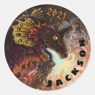 Fire Spitter Dragon Custom Name Classic Round Sticker