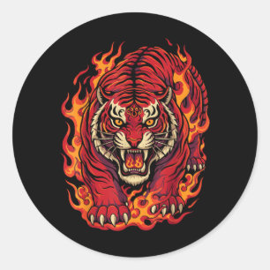 Fire Tiger Red Flame Mythical Tattoo Art Classic Round Sticker