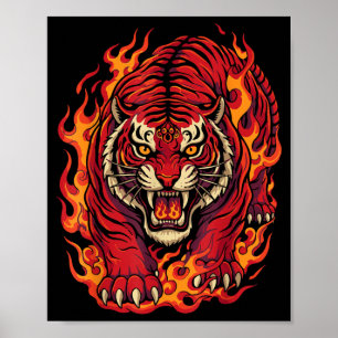 Fire Tiger Red Flame Mythical Tattoo Art Poster