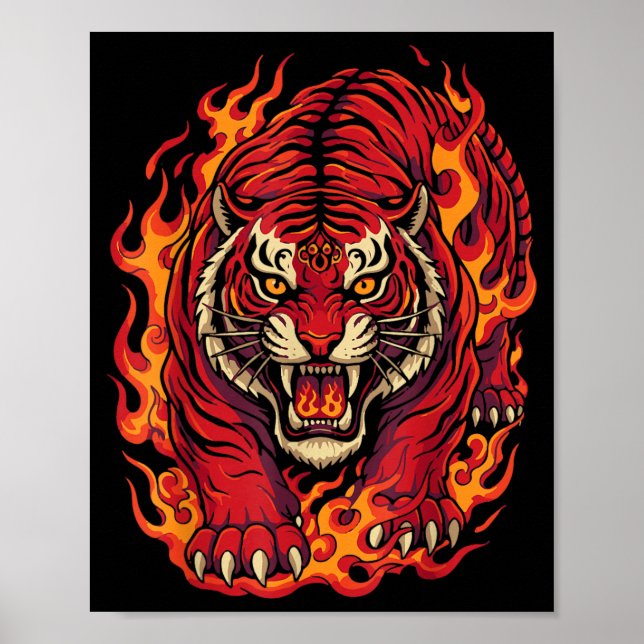 Fire Tiger Red Flame Mythical Tattoo Art Poster (Front)