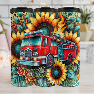Fire Truck Amidst Sunflowers and Flames Thermal Tumbler
