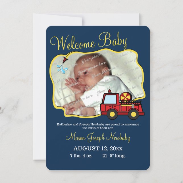 Fire Truck Baby Photo Birth Announcement (Front)