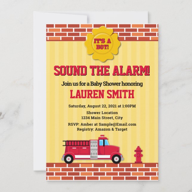 Fire Truck Baby Shower Invitation Firefighter Boy (Front)