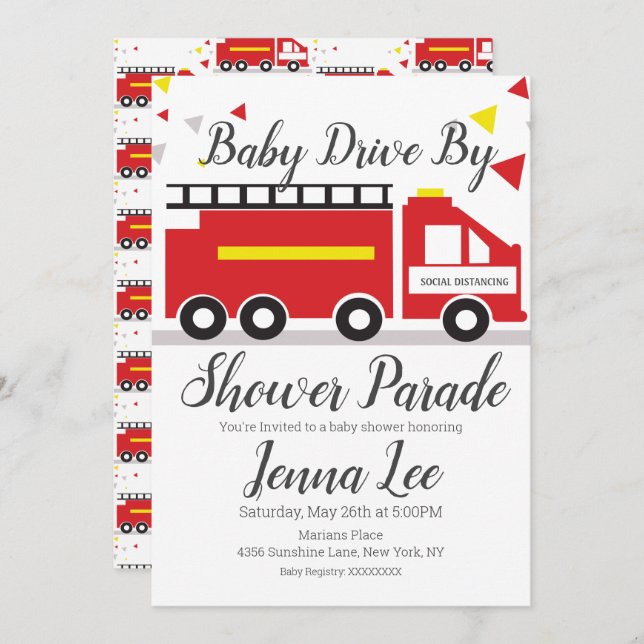 Fire Truck Baby Shower Parade Invitation (Front/Back)