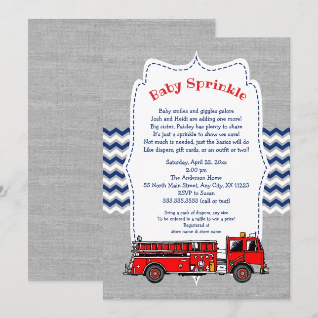 Fire Truck Baby Sprinkle invitation, navy grey Invitation (Front/Back)