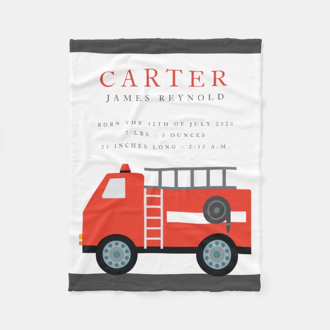 Fire Truck Birth Stats Baby Blanket (Front)