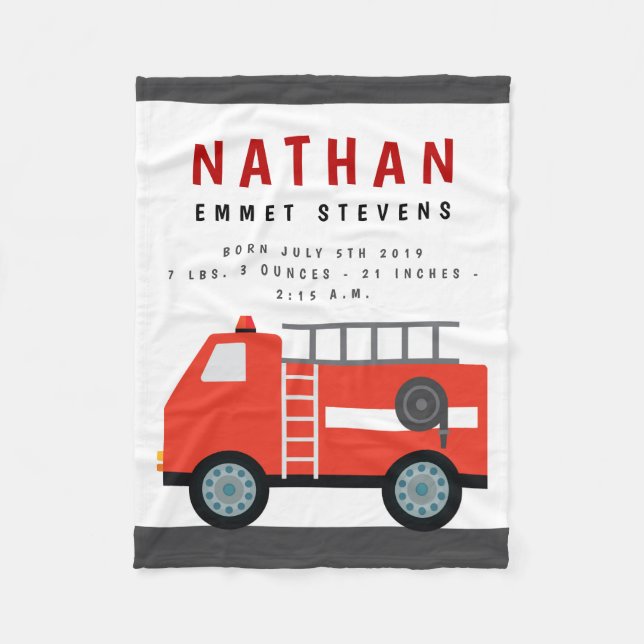 Fire Truck Birth Stats Blanket (Front)