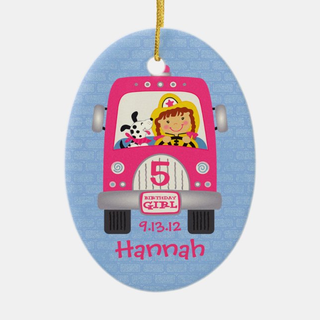 Fire Truck Birthday Girl Ceramic Tree Decoration (Front)