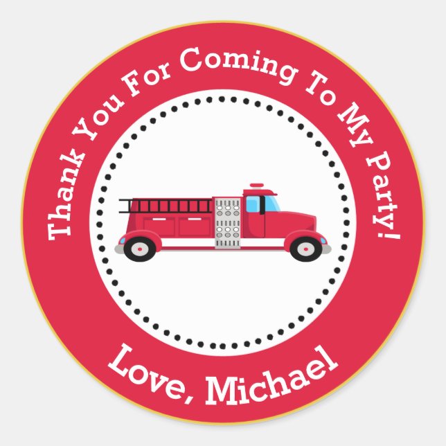 Fire Truck Birthday Party Favour Tag Sticker (Front)