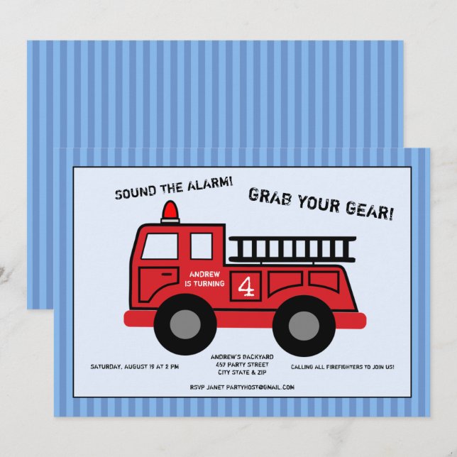 Fire Truck Birthday Party Invitation (Front/Back)