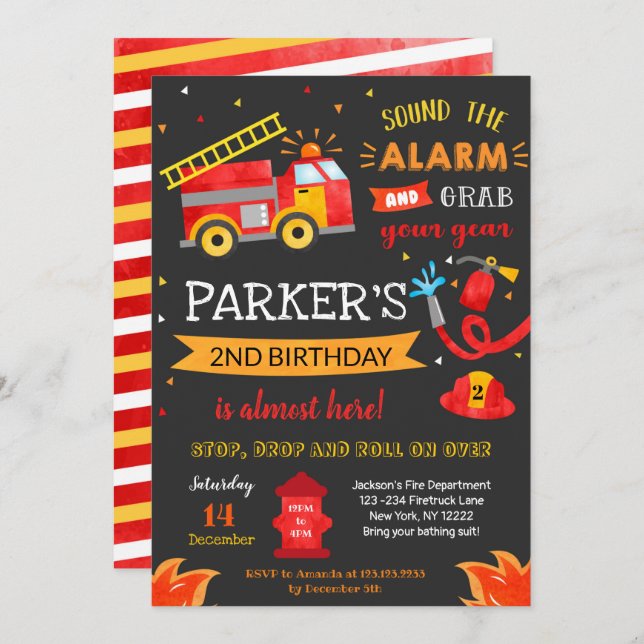 Fire Truck Birthday Party Invitation Fireman (Front/Back)