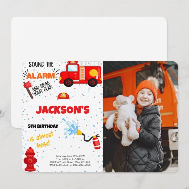 Fire Truck Birthday Photo Invitation (Front/Back)