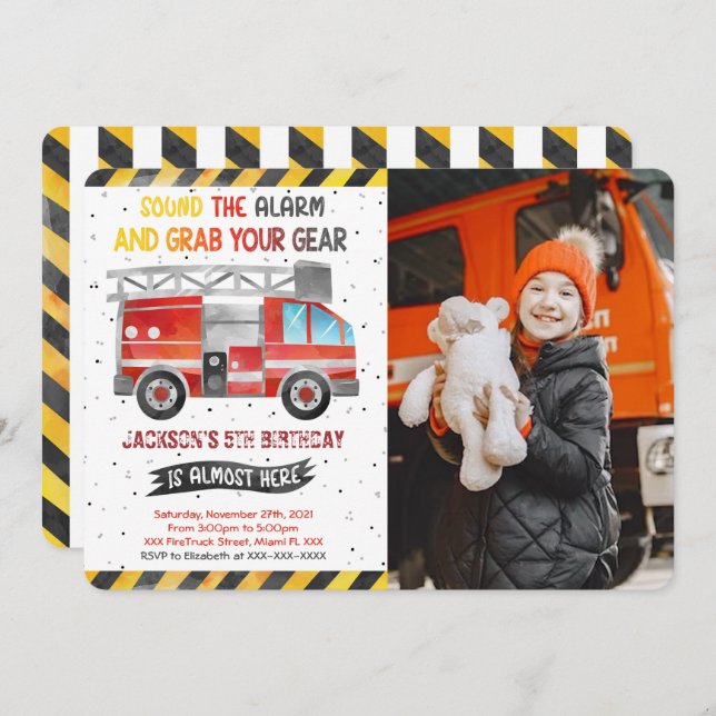 Fire Truck Birthday Photo Invitations (Front/Back)