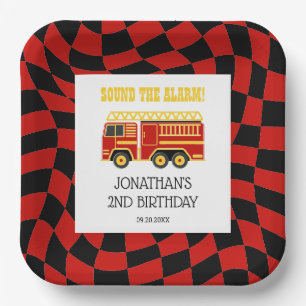 Fire Truck Black Red Chequered 2nd Birthday Paper Plate